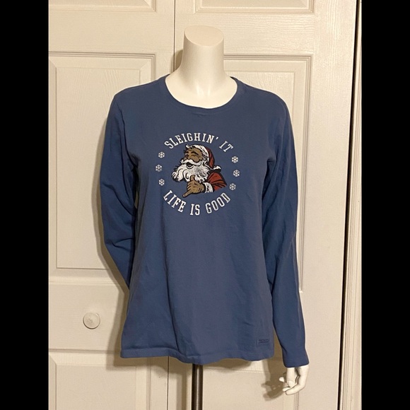 EUC Life Is Good Ladies Christmas Santa Sleighin It Long Sleeve T-Shirt … - Picture 1 of 5